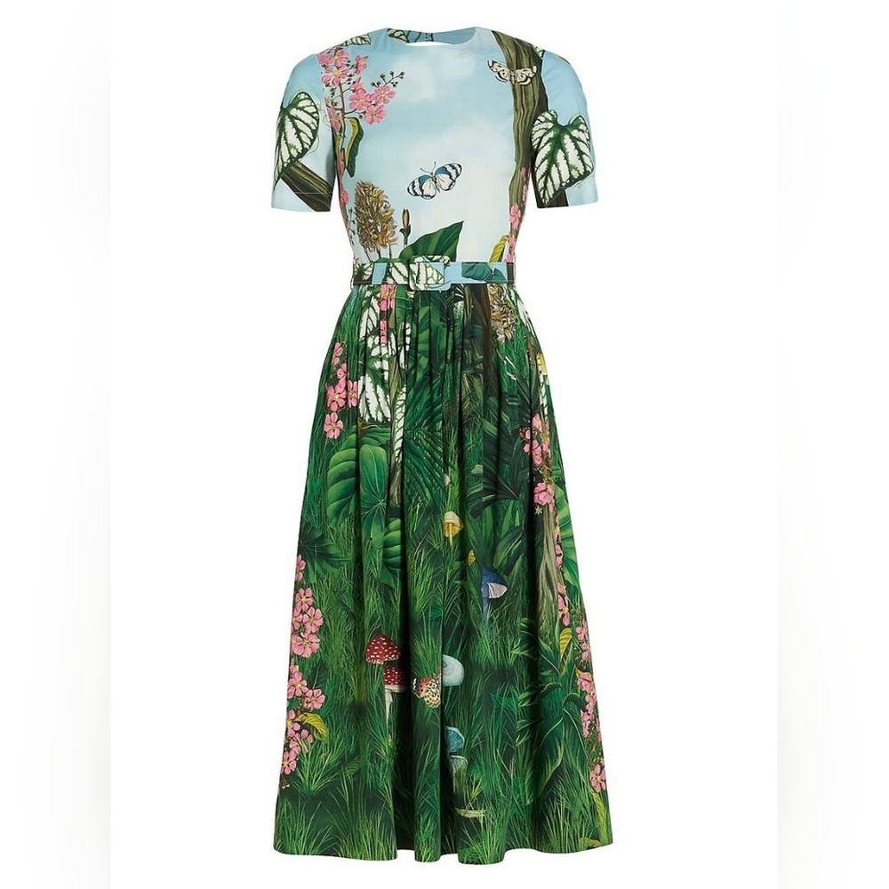 $2,490 NEW OSCAR DE LA RENTA BOTANICAL FOREST POPLIN MIDI RUNWAY DRESS L - Picture 2 of 13